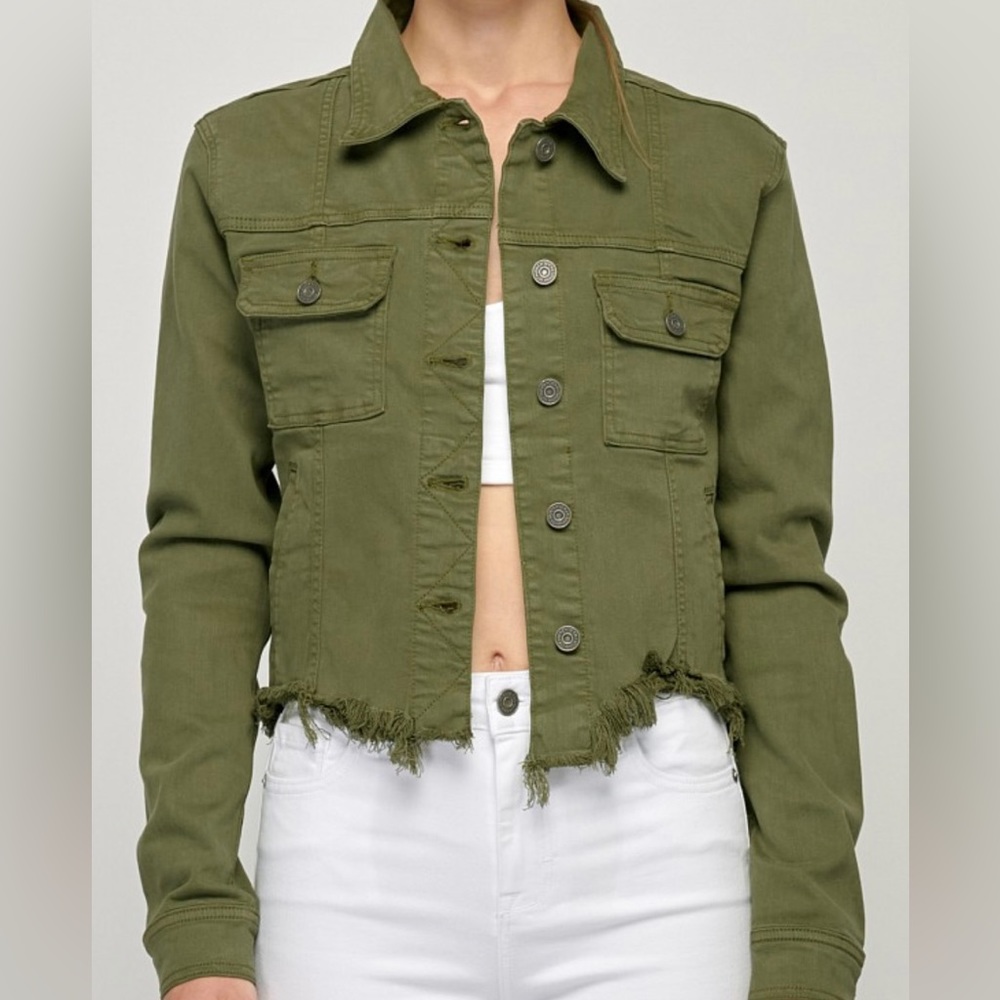 HIDDEN JEANS Military Frayed Cropped Fitted Jacket - Olive